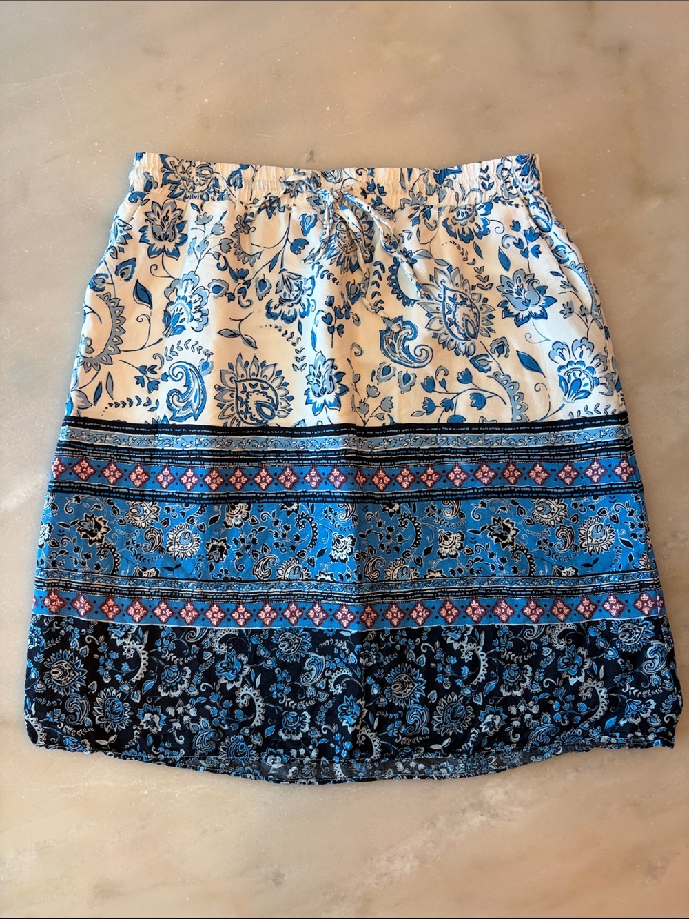 LOFT Blue and White Paisley Tiered Drawstring Skirt